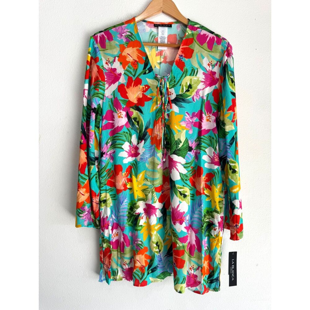 La Blanca beach swim cover up dress tropical floral colorful summer women 1X New